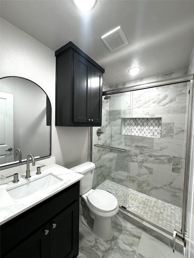 4034 Odessa St, Dallas, TX 75212 - full bathroom featuring a stall shower, marble look tiles, and toilet
