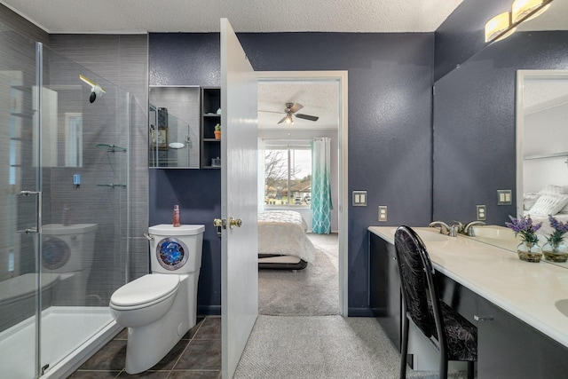 ensuite bathroom with ensuite bath, ceiling fan, toilet, and a shower stall