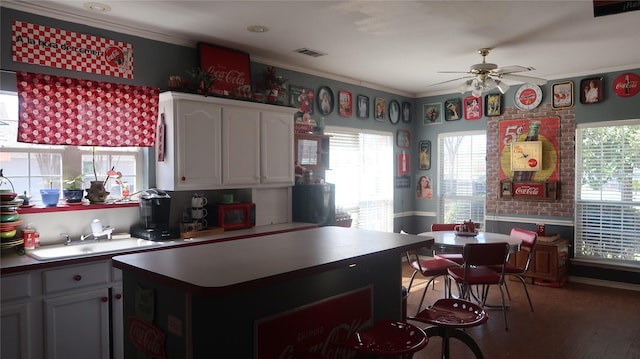 918 Wood St, Royse City, TX 75189 - kitchen featuring crown molding, a sink, a ceiling fan, white cabinetry, and visible vents