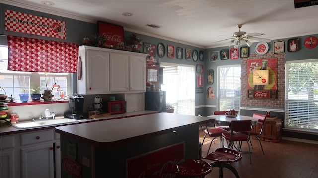 918 Wood St, Royse City, TX 75189 - kitchen featuring crown molding, a sink, white cabinetry, visible vents, and ceiling fan