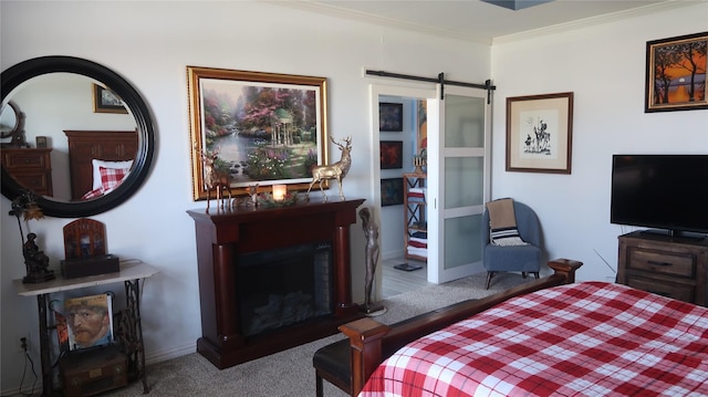 918 Wood St, Royse City, TX 75189 - bedroom with carpet flooring, crown molding, a barn door, and baseboards