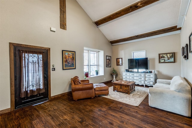 living area featuring beamed ceiling, high vaulted ceiling, baseboards, and wood finished floors