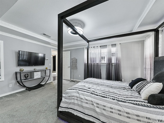 carpeted bedroom with baseboards, ornamental molding, and a closet