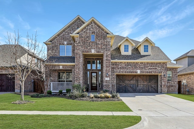 view of front of house with an attached garage, a front lawn, brick siding, a porch, and driveway