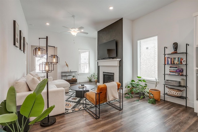 2320 Stella Ln, Northlake, TX 76247 - living room featuring plenty of natural light, a fireplace, wood finished floors, and recessed lighting