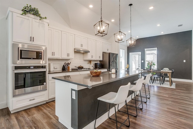 2320 Stella Ln, Northlake, TX 76247 - kitchen with stainless steel appliances, a center island with sink, under cabinet range hood, backsplash, and a breakfast bar