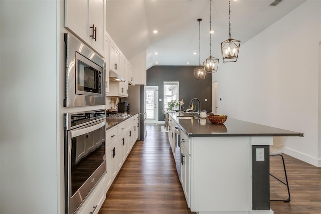 2320 Stella Ln, Northlake, TX 76247 - kitchen featuring dark countertops, stainless steel appliances, a sink, vaulted ceiling, and a center island with sink