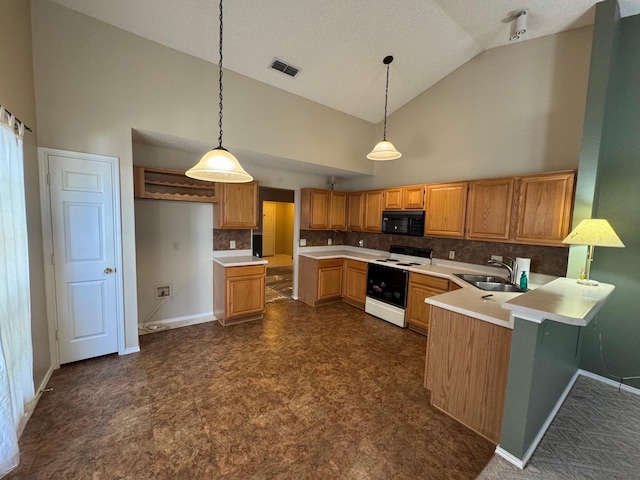 8208 Cloverglen Ln, Fort Worth, TX 76123 - kitchen featuring a sink, electric range oven, black microwave, a peninsula, and visible vents