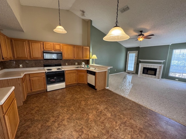 8208 Cloverglen Ln, Fort Worth, TX 76123 - kitchen with black microwave, a peninsula, white dishwasher, range with electric stovetop, and visible vents
