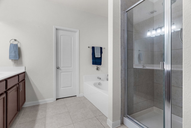 full bathroom with tile patterned floors, visible vents, a shower stall, a bath, and vanity