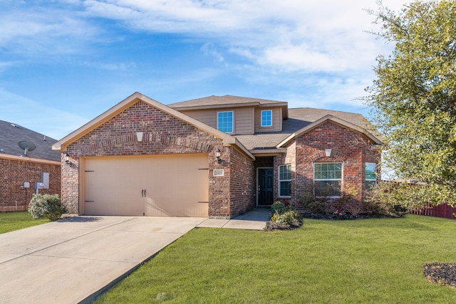 view of front of home featuring a front yard, driveway, a shingled roof, a garage, and brick siding