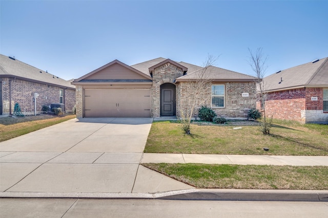 ranch-style house with a front yard, an attached garage, a shingled roof, concrete driveway, and brick siding
