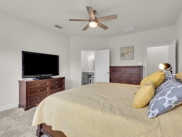 bedroom with carpet, baseboards, a ceiling fan, and visible vents