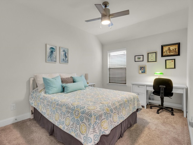 bedroom with ceiling fan, light carpet, lofted ceiling, and baseboards