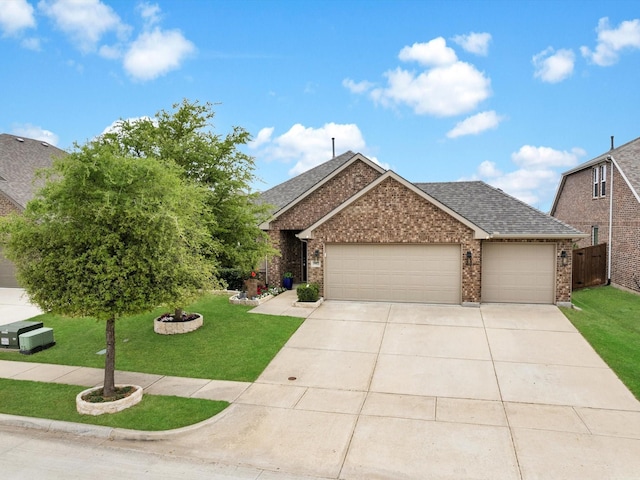 ranch-style home with a garage, a shingled roof, a front yard, brick siding, and driveway