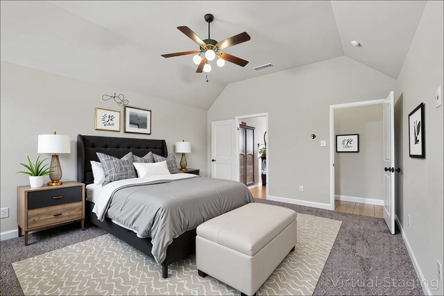 carpeted bedroom with baseboards, visible vents, ceiling fan, and vaulted ceiling