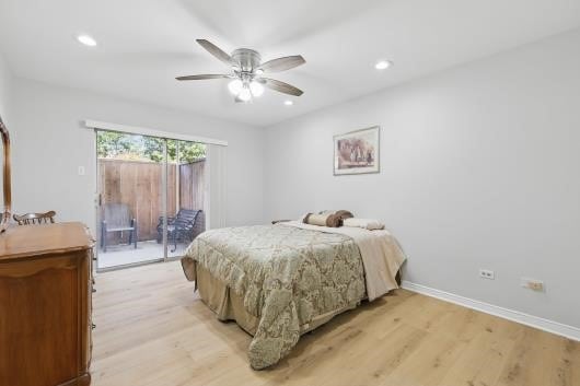 bedroom with access to outside, light wood-style flooring, baseboards, and recessed lighting