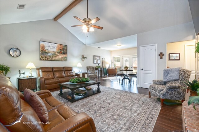 1426 Lakeview Rd, Abilene, TX 79602 - living area featuring high vaulted ceiling, hardwood / wood-style floors, a ceiling fan, beamed ceiling, and visible vents