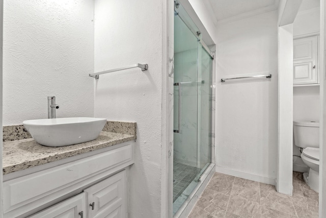 3005 Club Hill Dr, Garland, TX 75043 - full bath featuring vanity, a shower stall, toilet, and ornamental molding