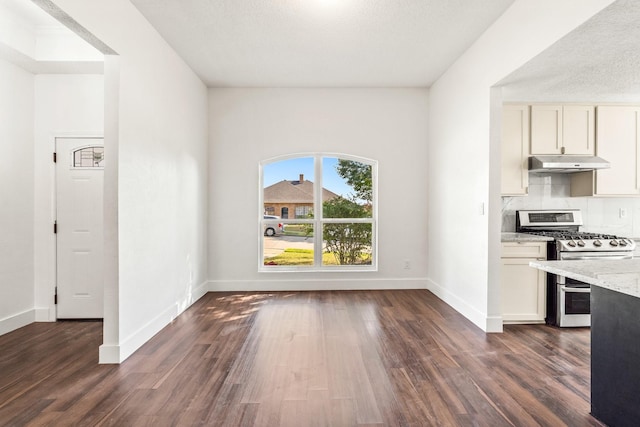 3005 Club Hill Dr, Garland, TX 75043 - kitchen featuring under cabinet range hood, tasteful backsplash, dark wood finished floors, baseboards, and stainless steel gas range