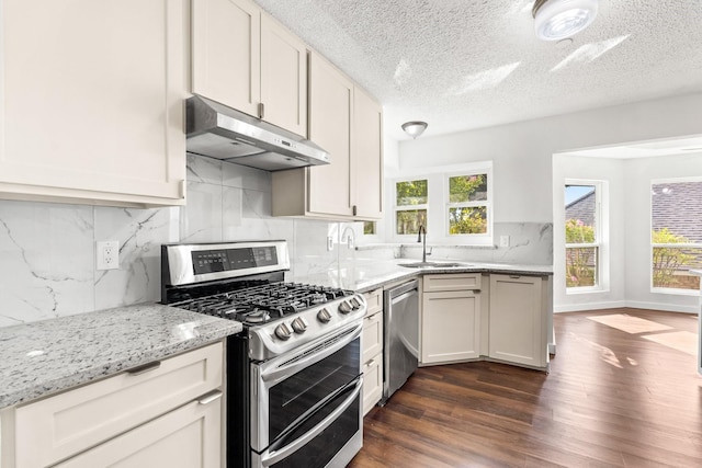 3005 Club Hill Dr, Garland, TX 75043 - kitchen featuring light stone counters, dark wood finished floors, a sink, stainless steel appliances, and under cabinet range hood