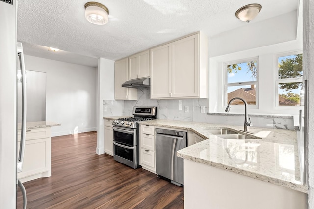 3005 Club Hill Dr, Garland, TX 75043 - kitchen with a sink, under cabinet range hood, backsplash, dark wood finished floors, and appliances with stainless steel finishes