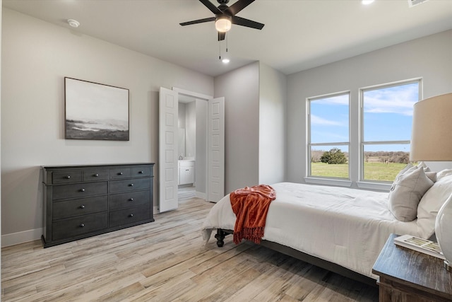 bedroom with recessed lighting, a ceiling fan, baseboards, and light wood finished floors