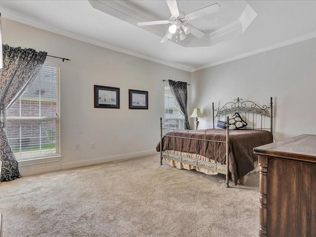 bedroom with a raised ceiling, carpet floors, multiple windows, and crown molding
