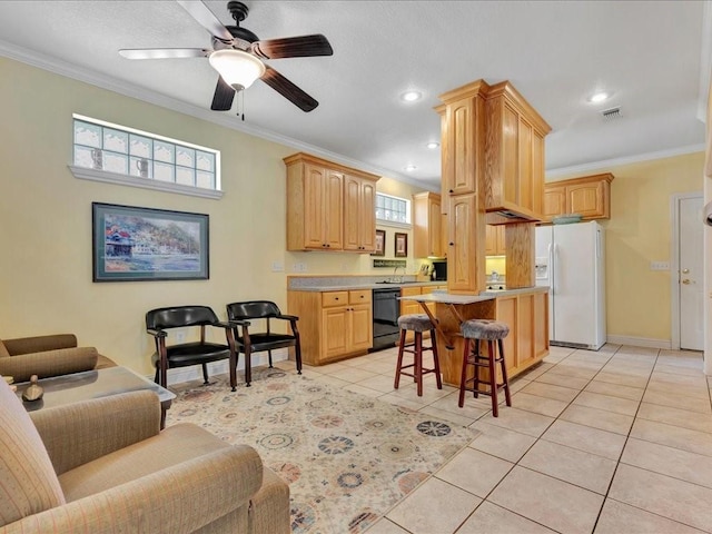 kitchen featuring white fridge with ice dispenser, a breakfast bar, light tile patterned floors, black dishwasher, and ornamental molding
