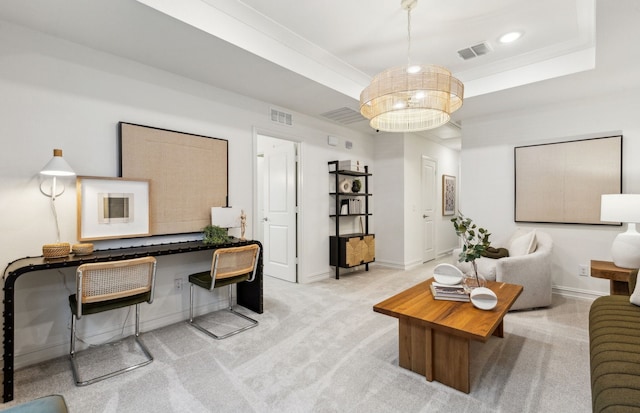 carpeted living room with a raised ceiling, recessed lighting, and visible vents