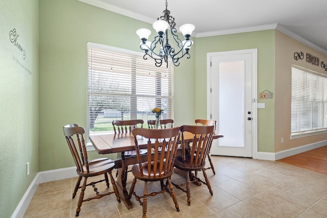 104 Petes Ln, Ponder, TX 76259 - dining area featuring a chandelier, plenty of natural light, light tile patterned floors, crown molding, and baseboards