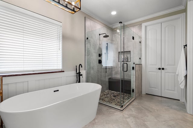 104 Petes Ln, Ponder, TX 76259 - bathroom featuring ornamental molding, a stall shower, and a freestanding tub