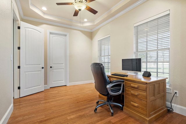 104 Petes Ln, Ponder, TX 76259 - home office with ornamental molding, a raised ceiling, light wood-style flooring, ceiling fan, and baseboards