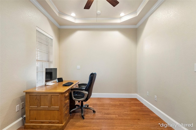 104 Petes Ln, Ponder, TX 76259 - office space featuring a raised ceiling, crown molding, a ceiling fan, light wood-style floors, and baseboards