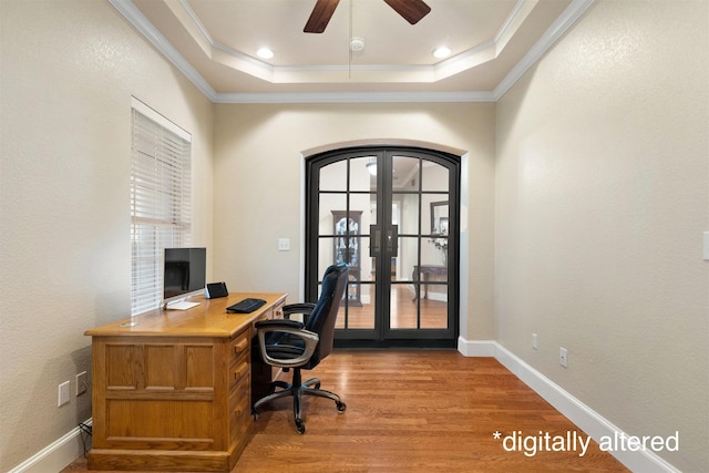 104 Petes Ln, Ponder, TX 76259 - office with french doors, a raised ceiling, light wood-style floors, ornamental molding, and ceiling fan