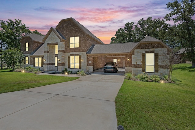 140 Dogwood Dr, Krugerville, TX 76227 - view of front of property with a front lawn, concrete driveway, a carport, and stone siding