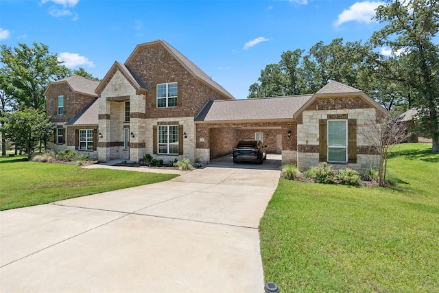 140 Dogwood Dr, Krugerville, TX 76227 - view of front of home featuring brick siding, a front yard, a carport, stone siding, and driveway