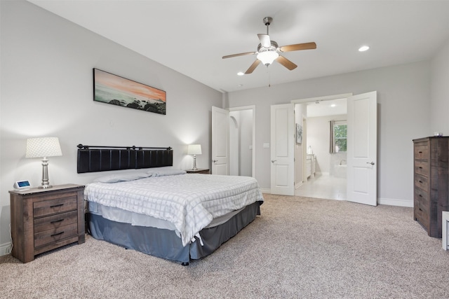 140 Dogwood Dr, Krugerville, TX 76227 - bedroom featuring carpet, baseboards, recessed lighting, ceiling fan, and connected bathroom