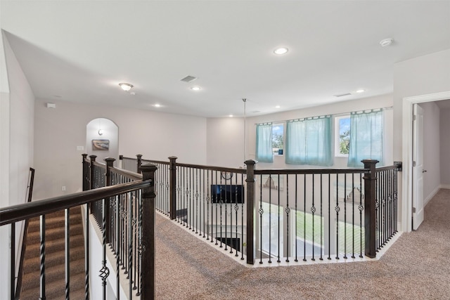 140 Dogwood Dr, Krugerville, TX 76227 - hall with visible vents, baseboards, an upstairs landing, carpet flooring, and recessed lighting
