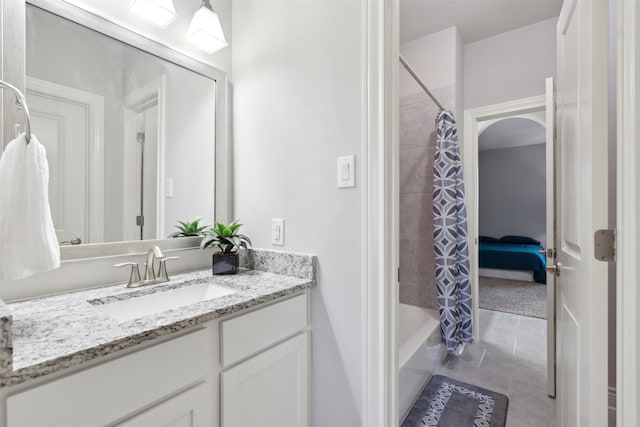 140 Dogwood Dr, Krugerville, TX 76227 - bathroom featuring vanity, shower / bath combo with shower curtain, and tile patterned flooring