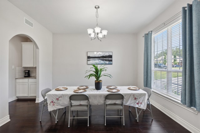 140 Dogwood Dr, Krugerville, TX 76227 - dining space with dark wood-type flooring, baseboards, visible vents, and a chandelier