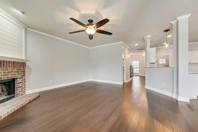 1139 Mount Olive Ln, Forney, TX 75126 - unfurnished living room with ornamental molding, a fireplace, a ceiling fan, and dark wood-style flooring