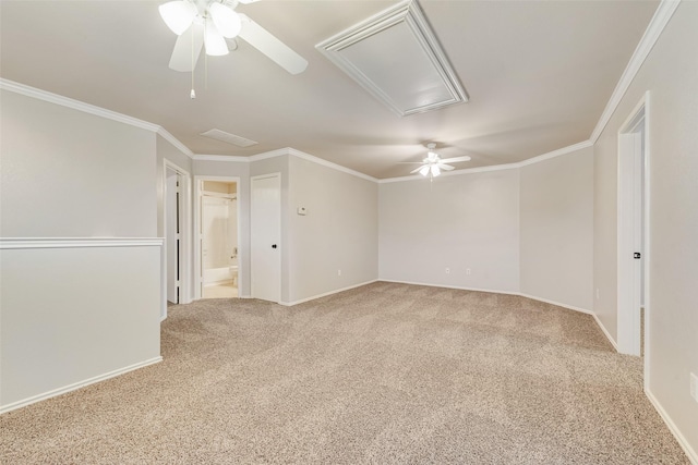 1139 Mount Olive Ln, Forney, TX 75126 - empty room featuring crown molding, baseboards, ceiling fan, attic access, and carpet flooring