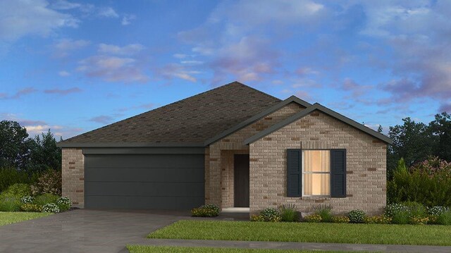 ranch-style house with brick siding, an attached garage, and concrete driveway