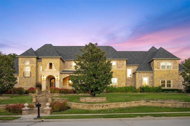 french country home featuring stone siding and a yard