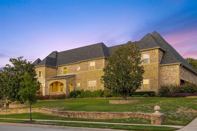french country home featuring a front yard, brick siding, and stone siding