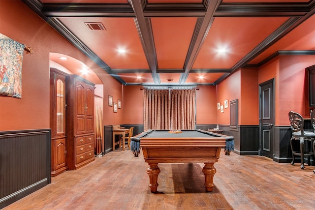 game room with billiards, a wainscoted wall, visible vents, coffered ceiling, and light wood-type flooring
