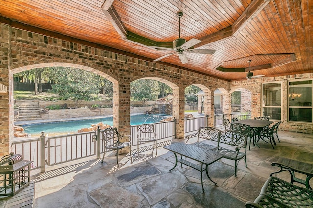 view of patio / terrace with a fenced in pool, outdoor dining space, and a ceiling fan
