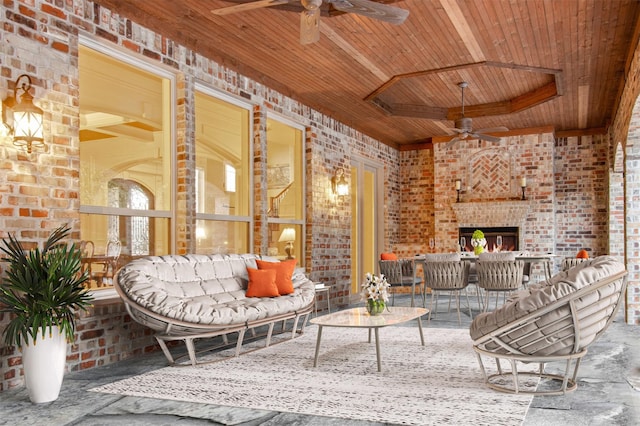 living room featuring wooden ceiling, an outdoor brick fireplace, brick wall, and ceiling fan