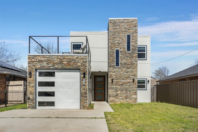 3725 Toronto St, Dallas, TX 75212 - modern home featuring stucco siding, stone siding, fence, concrete driveway, and a garage